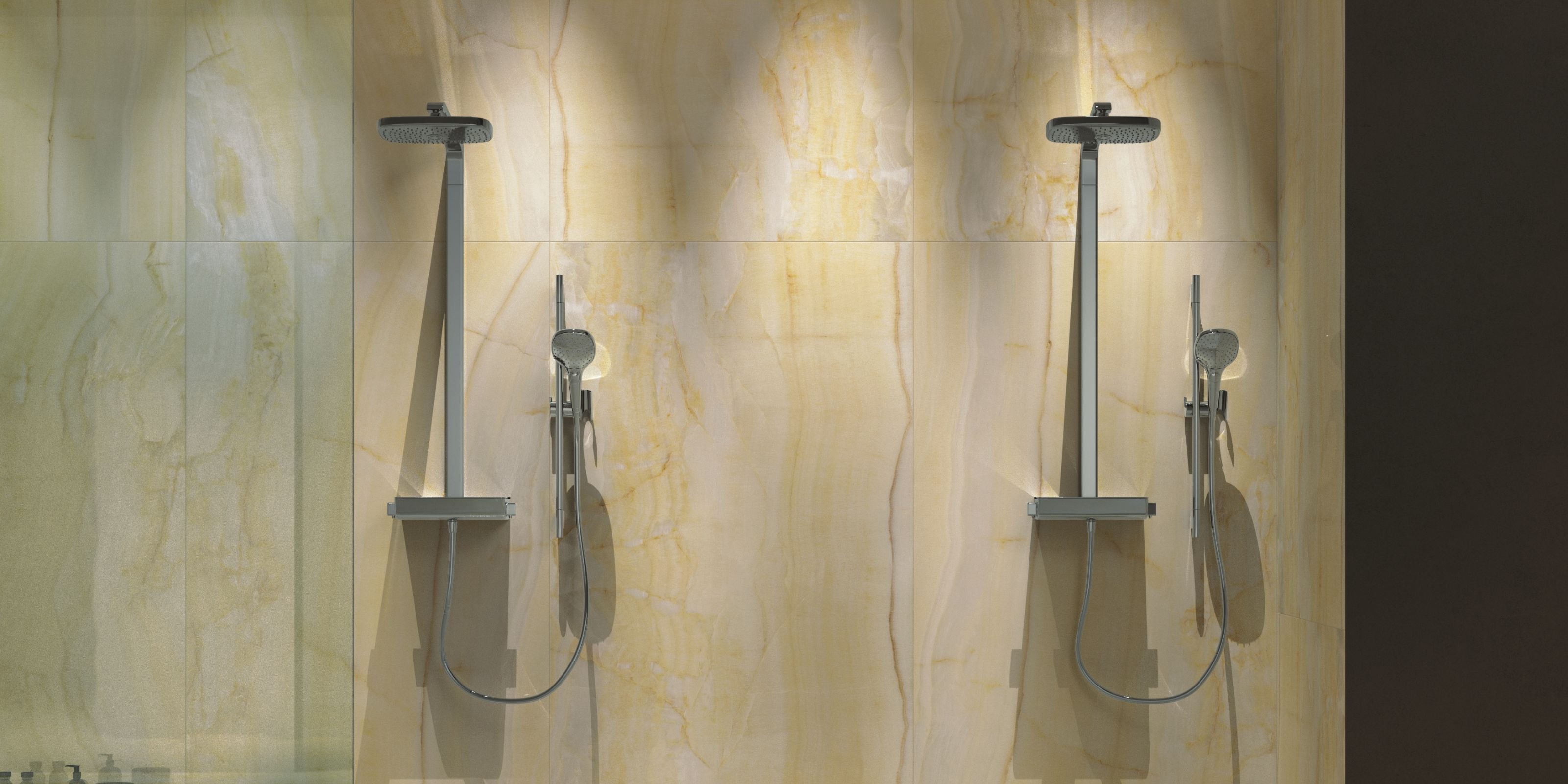 large double walk-in shower with large-format beige marble-effect bathroom wall tiles