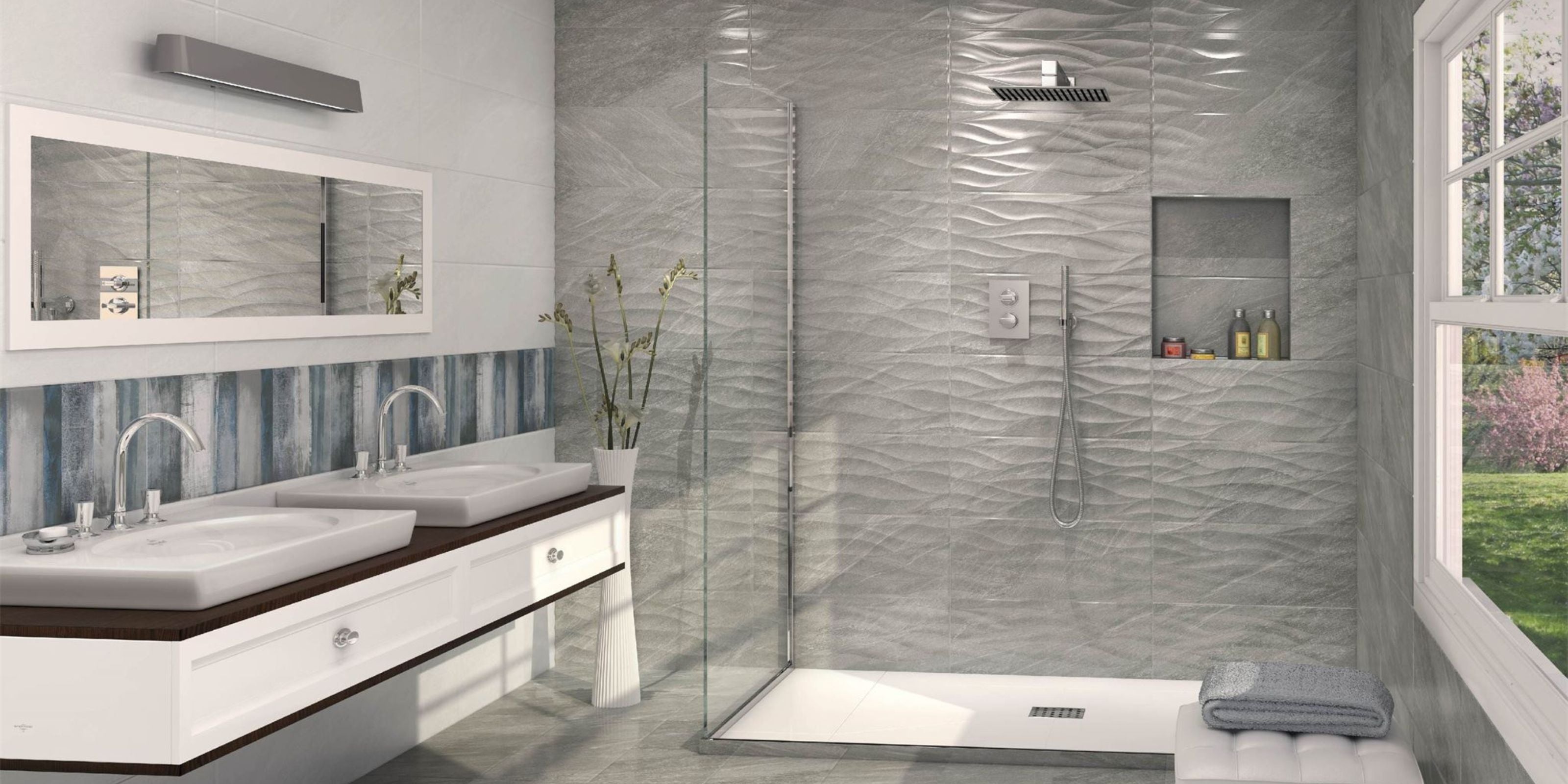 Bathroom with large walk-in shower and intricatly trextures grey bathroom wall tiles and small grey stone effect bathroom floor tiles