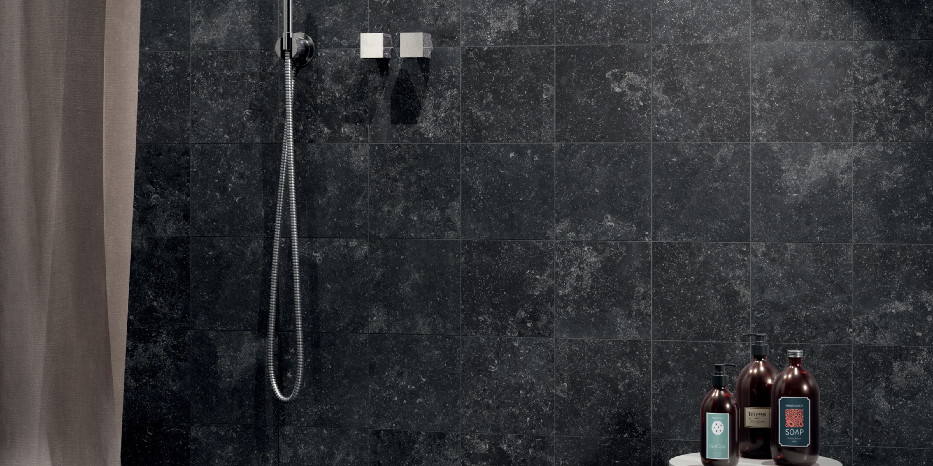 Walk in Shower with small matt black stone effect bathroom wall tiles