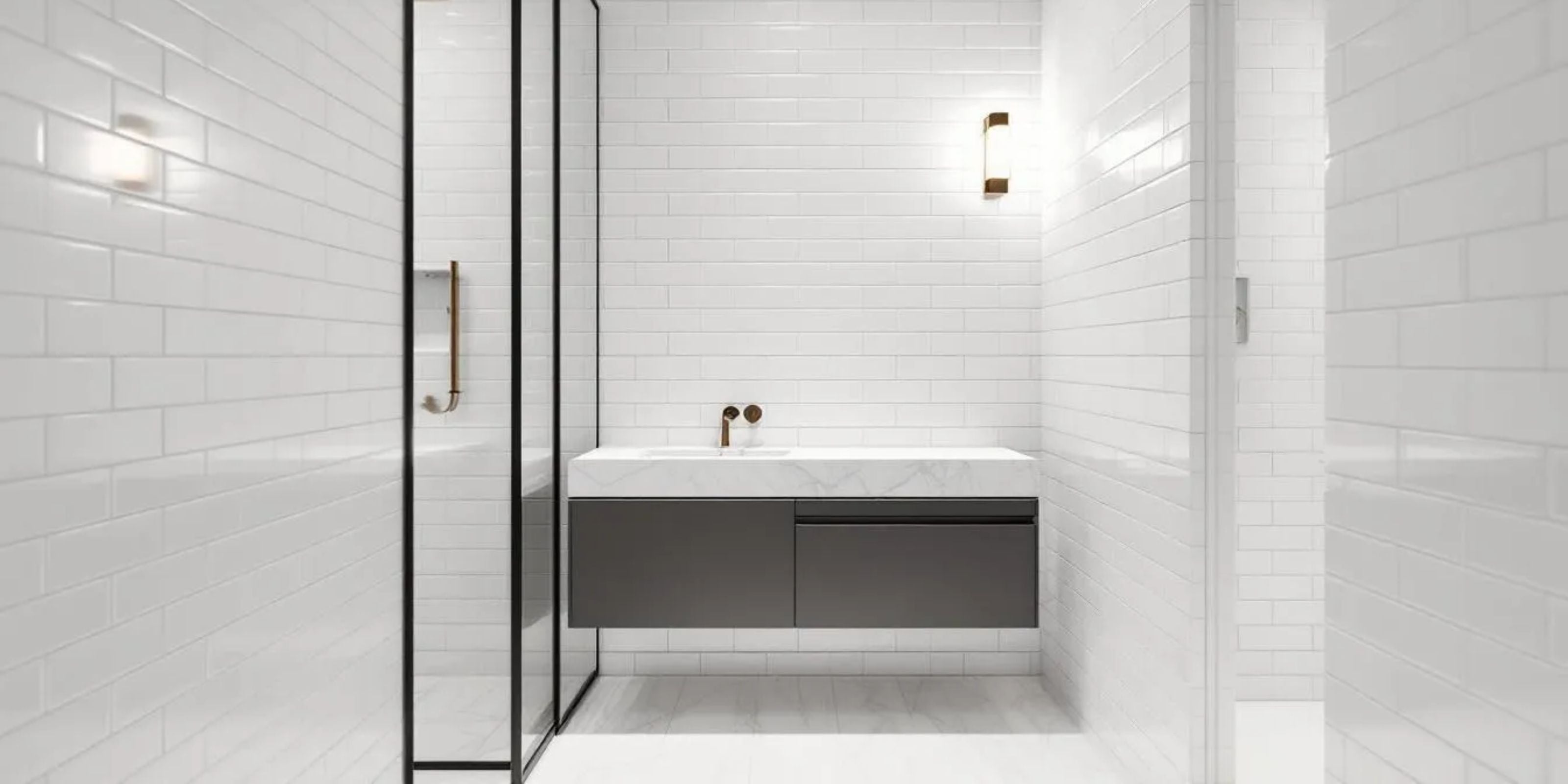 narrow bathroom with walk-in shower, walls fully tiled with white bathroom subway wall tiles