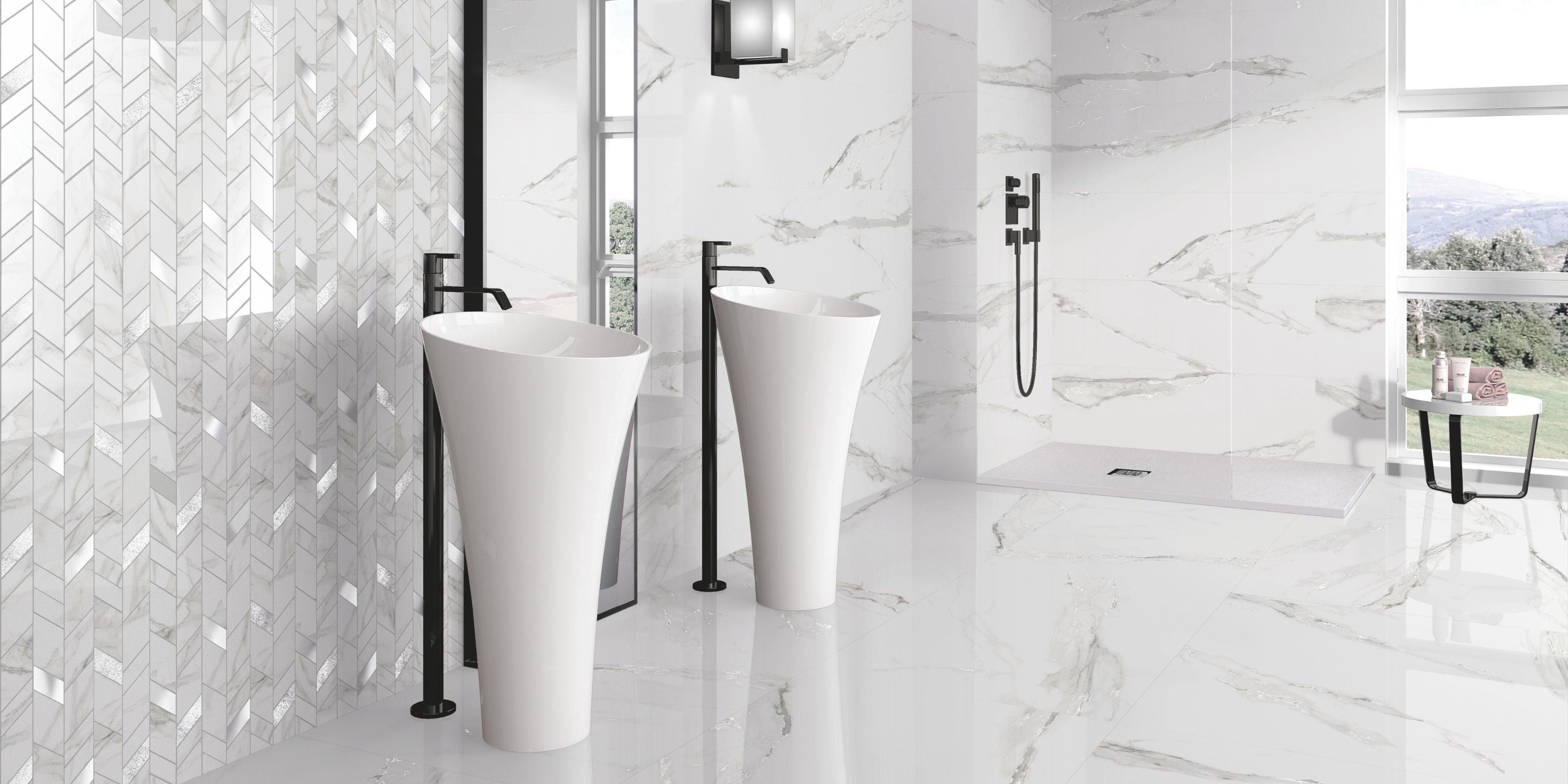 light airy modern bathroom, white polished marble effect porcelain floor and wall tiles