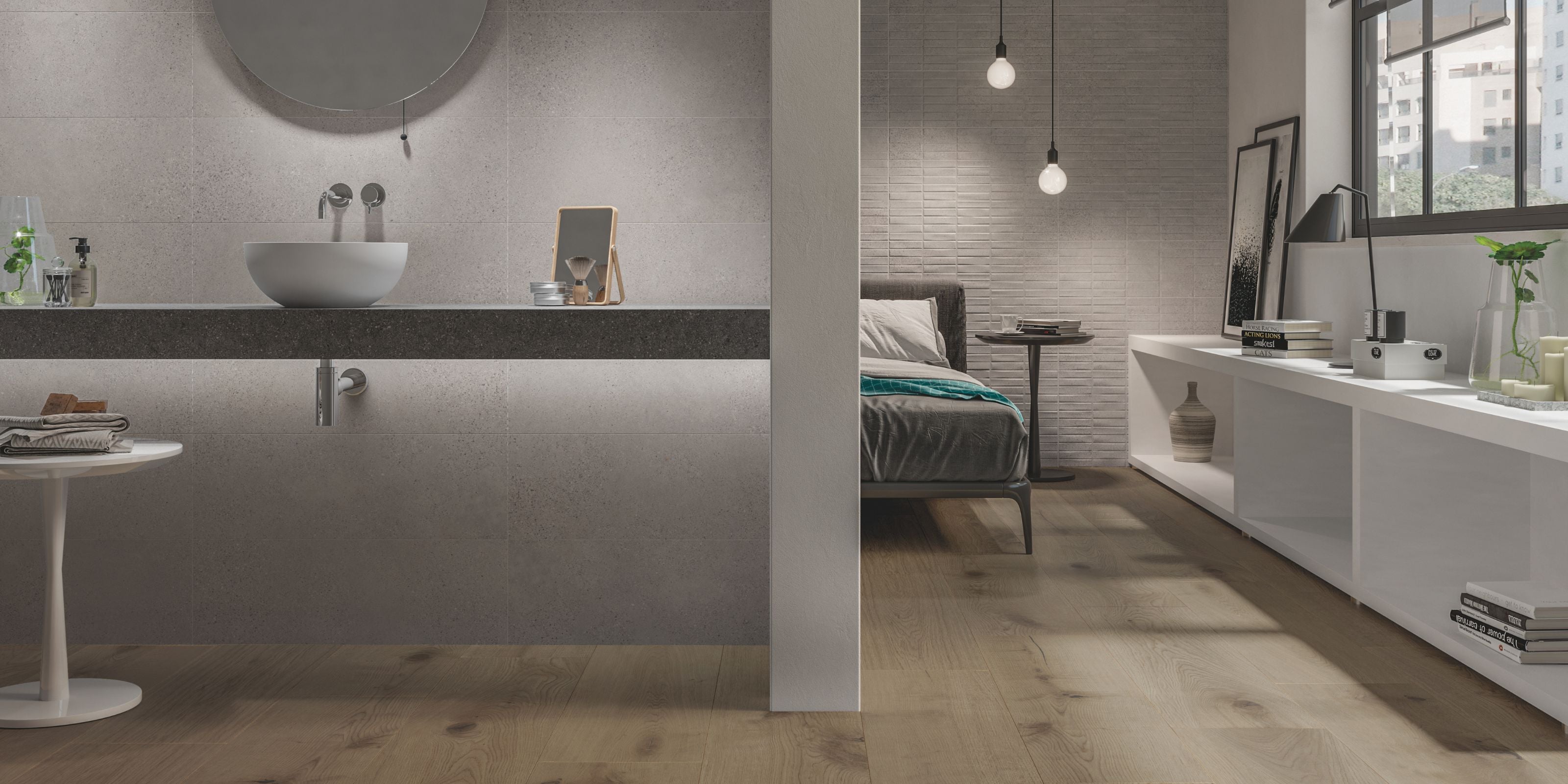 bedroom and bathroom en suite, wood effect porcelain floor tile planks, matt grey stone effect bathroom wall tiles