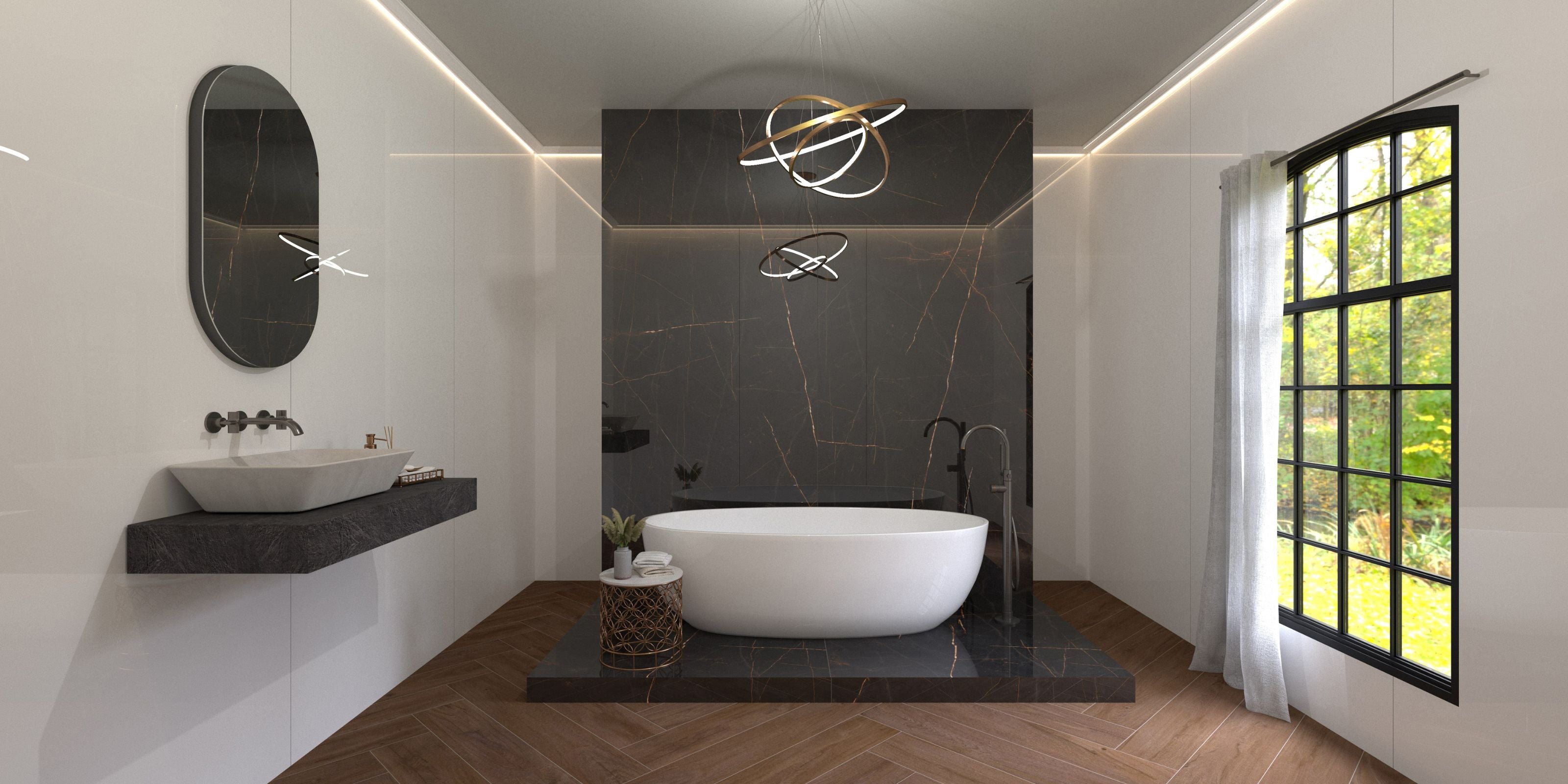 large, spacious bathroom, wood effect porcelain floor tiles, large-format polished black marble effect porcelain wall tiles