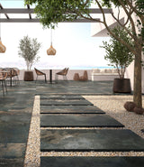 Garden patio and seating area and pathway, 20mm black stone effect porcelain outdoor tiles