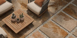 garden patio and seating area with 20mm brown copper stone-effect porcelain outdoor floor tiles