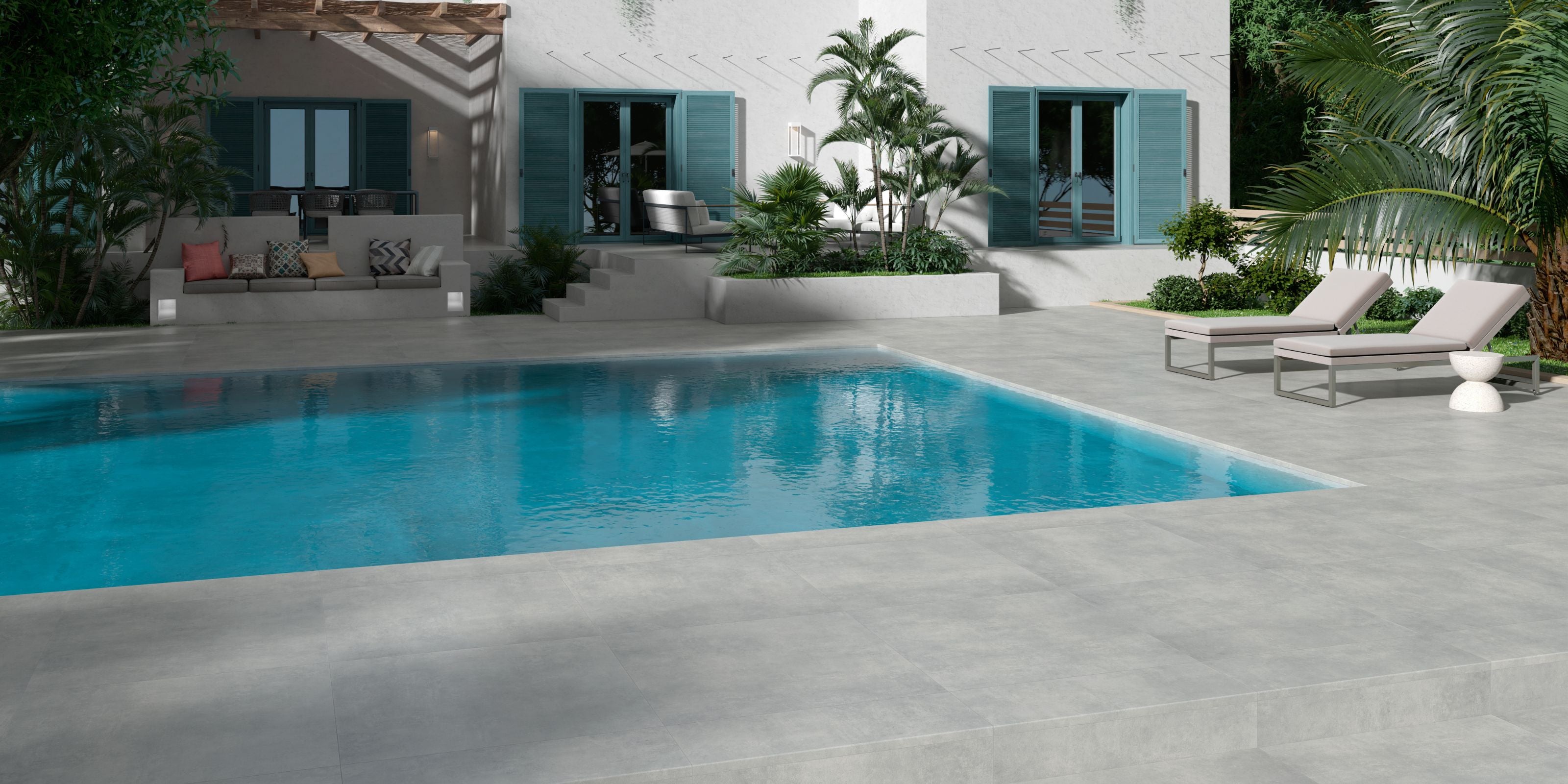 Garden Pool Area with 20mm light grey matt stone effect outdoor porcelain floor tiles