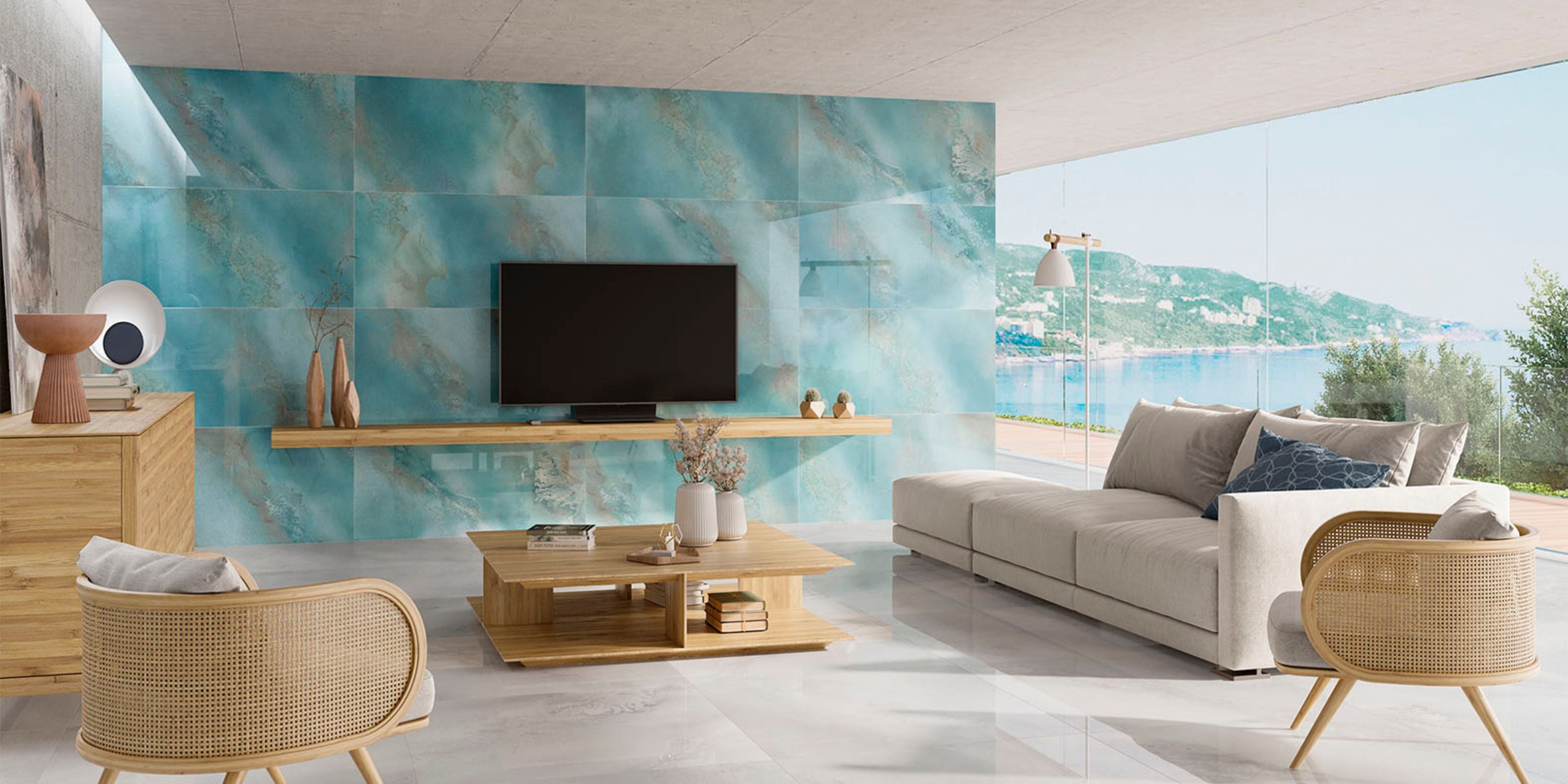 luxury living room with 60x120cm polished pool aqua blue marble effect porcelain feature wall tiles