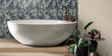 bathroom and bathtub, light brown wood effect porcelain bathroom floor tiles, green leaf patterned ceramic wall tiles