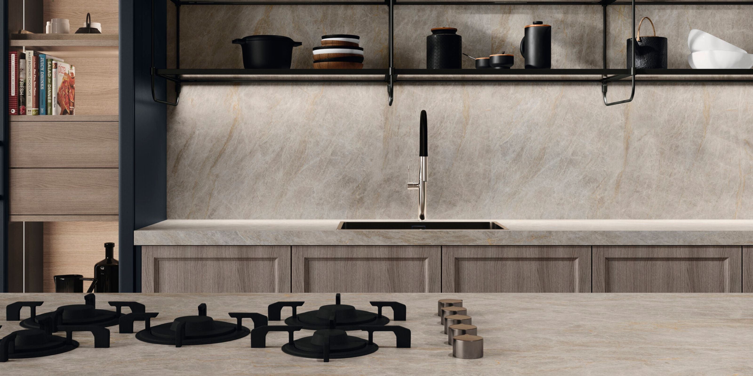 modern beign marble effect large porcelain tile kitchen backsplash with fine white veins.