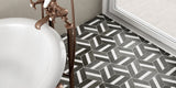 bathroom floor, tiled with a black and white patterned hexagonal porcelain bathroom floor tile