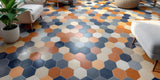 Living Room with Blue Orange and White Hexagon Porcelain Floor Tiles
