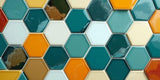 Close-of Blue, White and Orange Polished Hexagon Mosaic Tiles