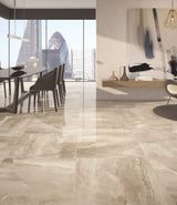 Large Modern Open Dining Living Area with polished beige stone effect porcelain floor tiles