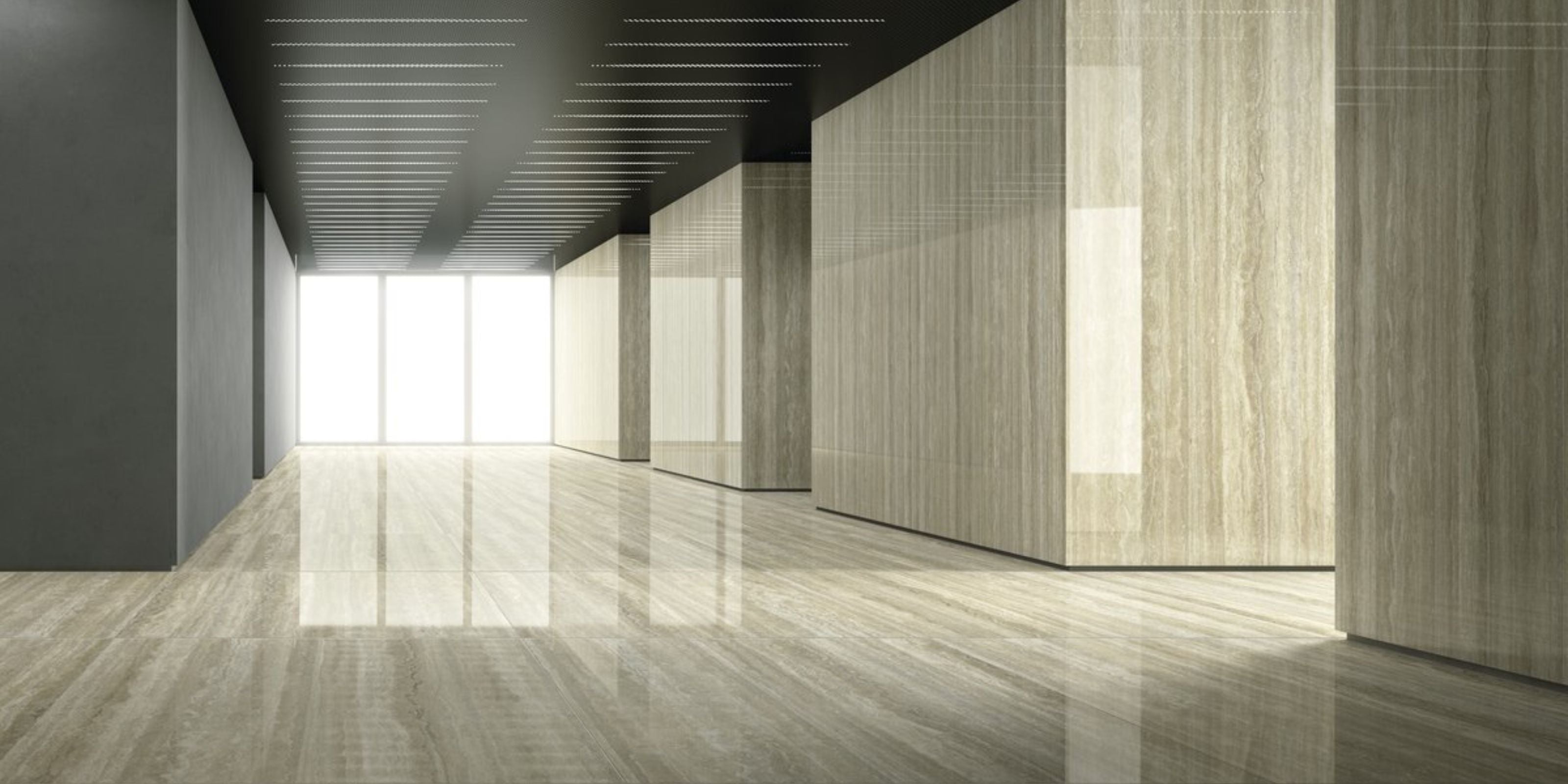 hallway with walls and floor covered with large-format polished beige marble effect porcelain tiles