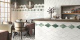 Cafe Kitchen and Dining Area with White Polished Ceramic Diamond Wall Tiles