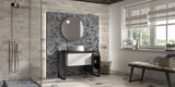 Light Wood Effect Porcelain and Blue Mosaic Bathroom Floor and Wall Tile Section