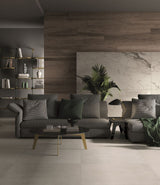 Contemporary design living room with large concrete effect porcelain floor tiles