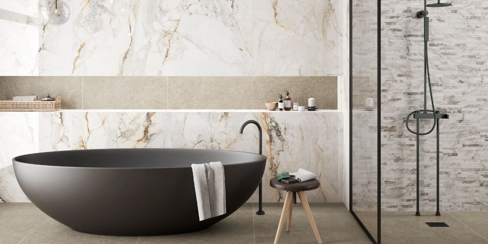 bathroom, black bathtub, matt white marble effect bathroom wall tiles