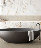 bathroom, black bathtub, matt white marble effect bathroom wall tiles