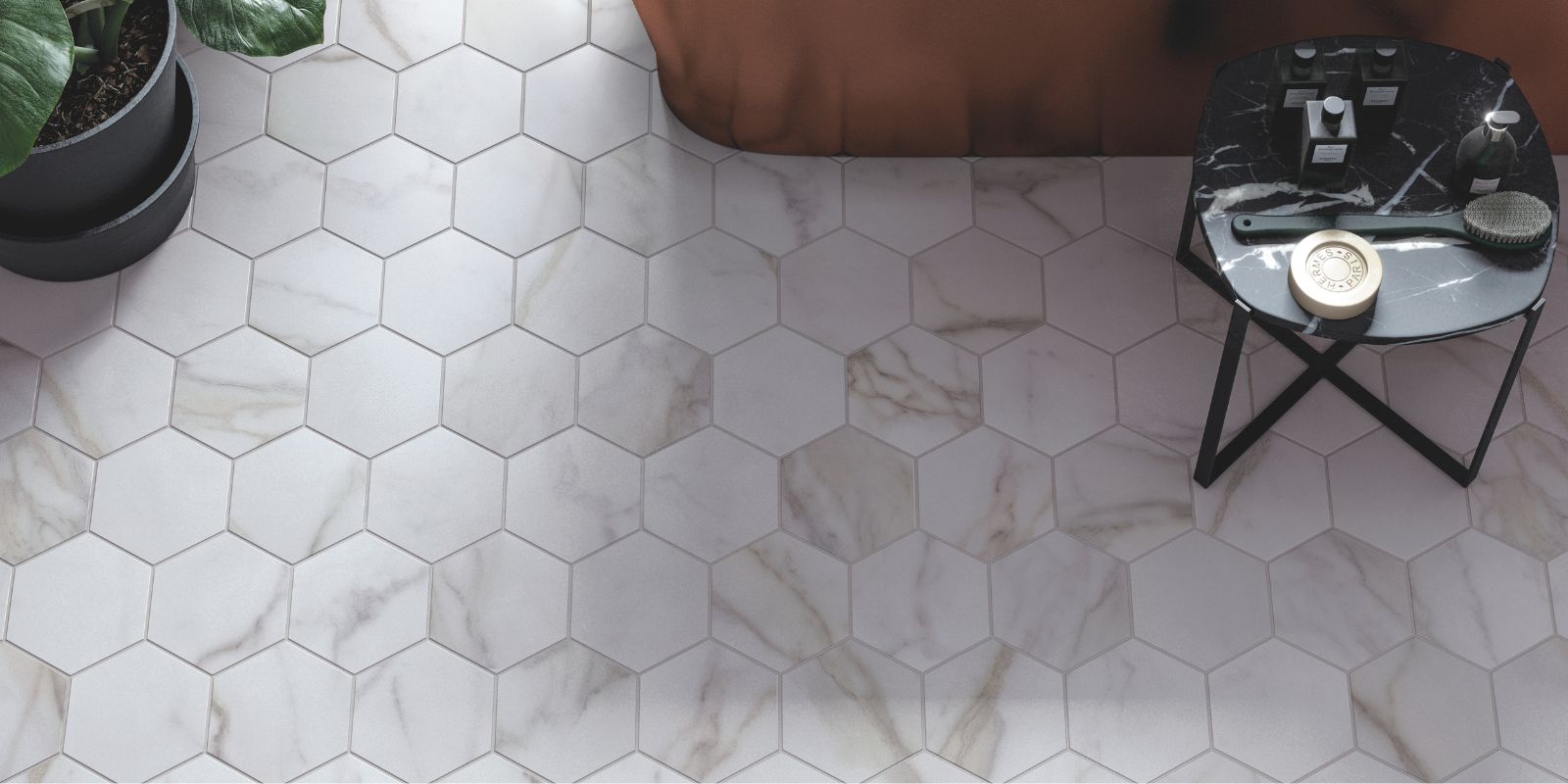 Bathroom Matt White Marble Effect Porcelain Hexagonal Floor TIles