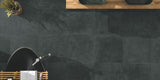 Black bathtub and black basins, Matt black stone effect porcelain 60 x 60cm bathroom floor tiles