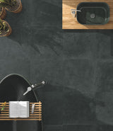 Black bathtub and black basins, Matt black stone effect porcelain 60 x 60cm bathroom floor tiles