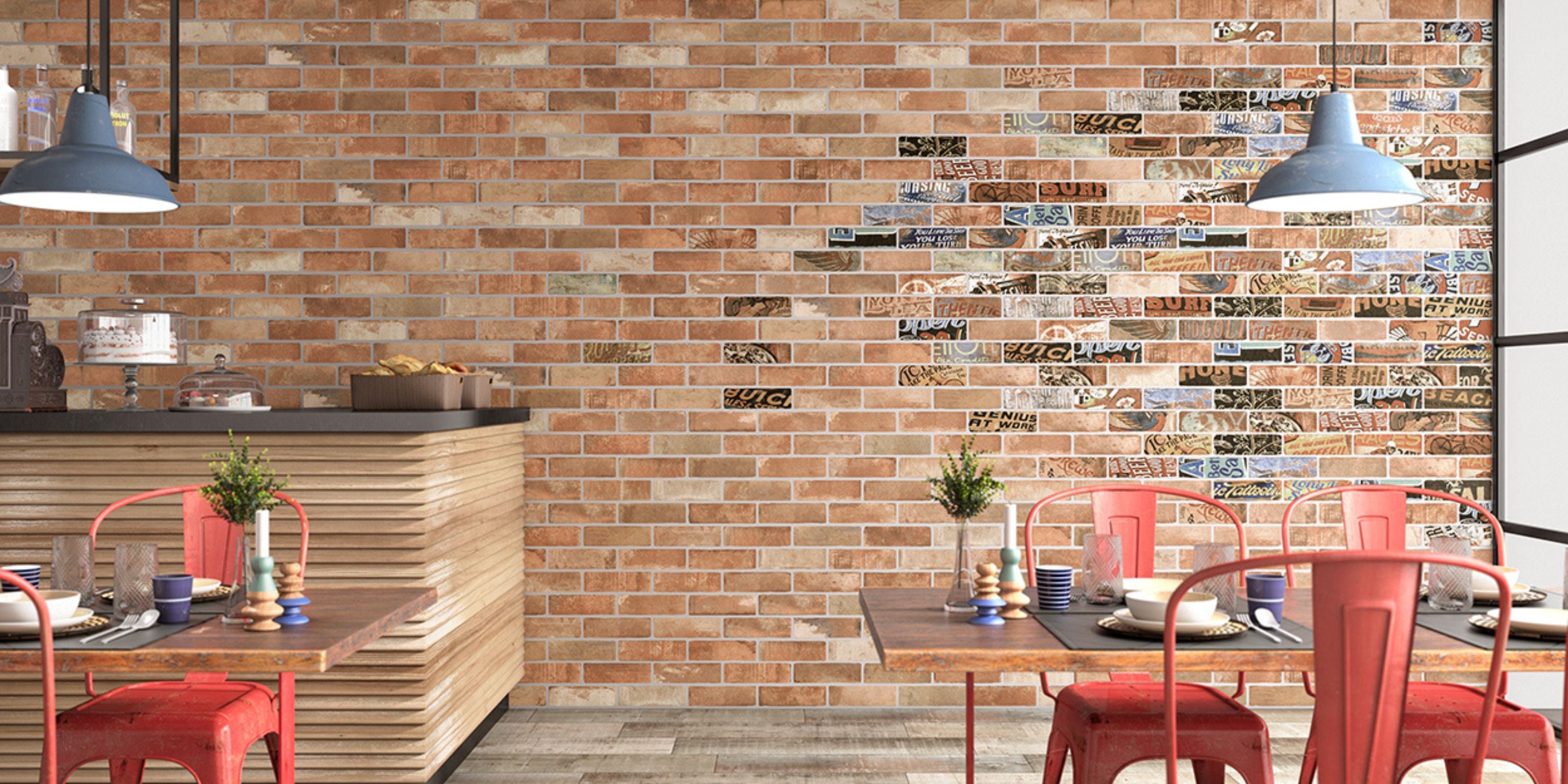 cafe with natural brown brick effect patterned subway wall tiles