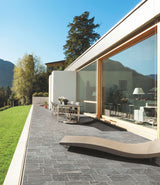 Outdoor patio with dining area and dark grey 20mm outdoor stone effect porcelain floor tiles
