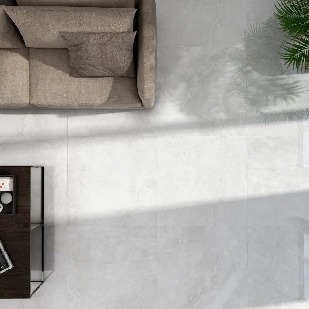 Sedosa Blanco White Polished Concrete Stone Effect Porcelain Rectified Tile 79 x 79cm Living Room Floor