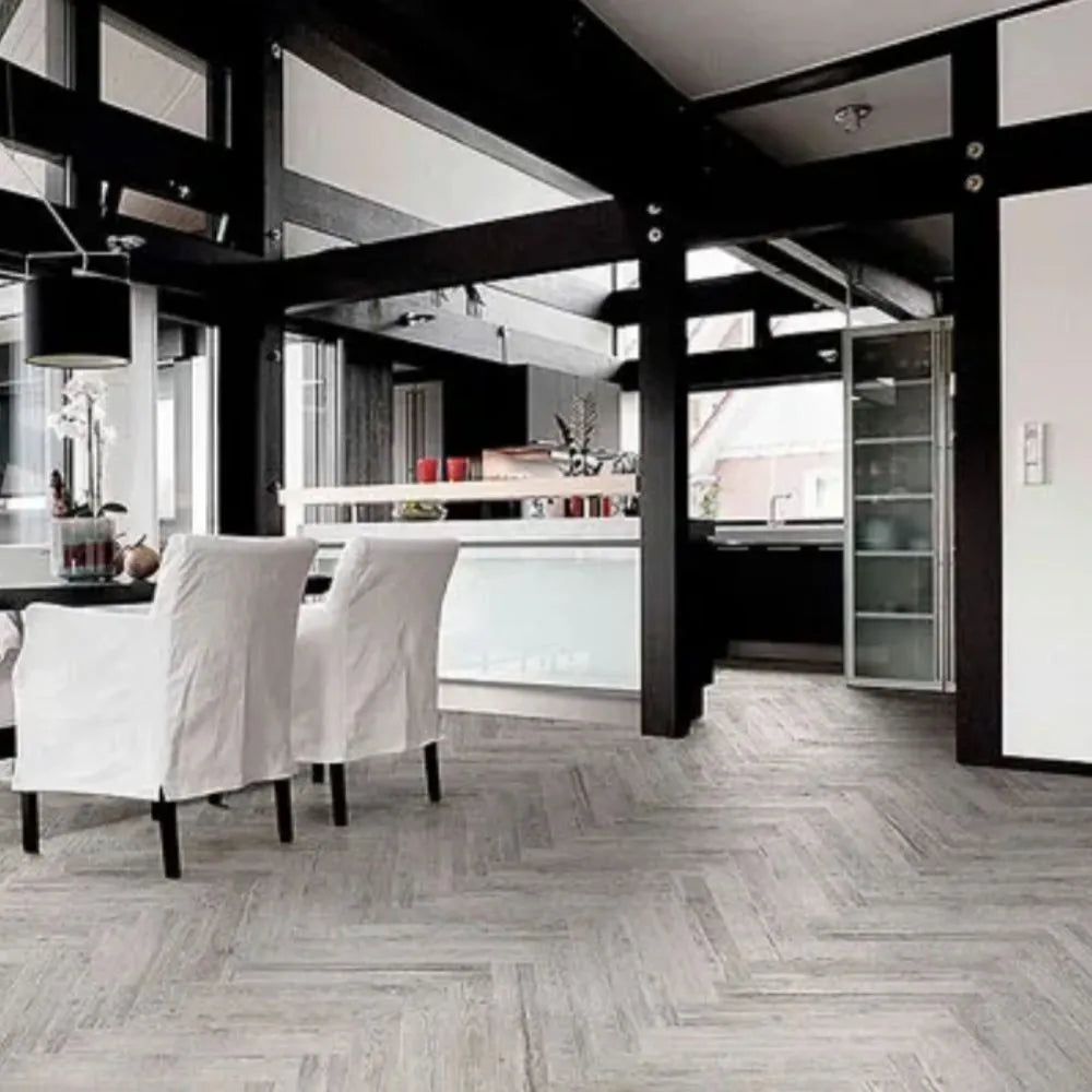 Trend White Wood Porcelain Tile 10 x 60cm Open Plan Kitchen and Dining Room flooring Herringbone
