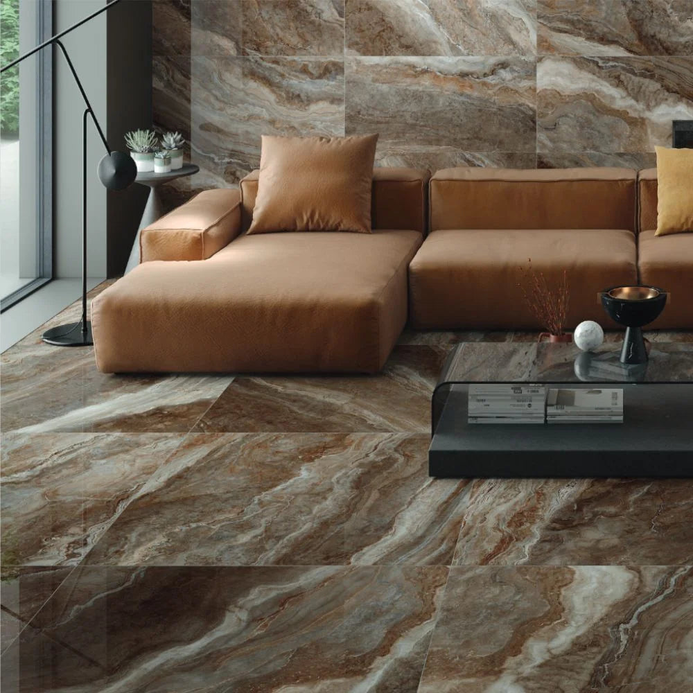 Universe Brown 60 x 120cm Pulido Polished Porcelain Tile Onyx effect living room floor and wall