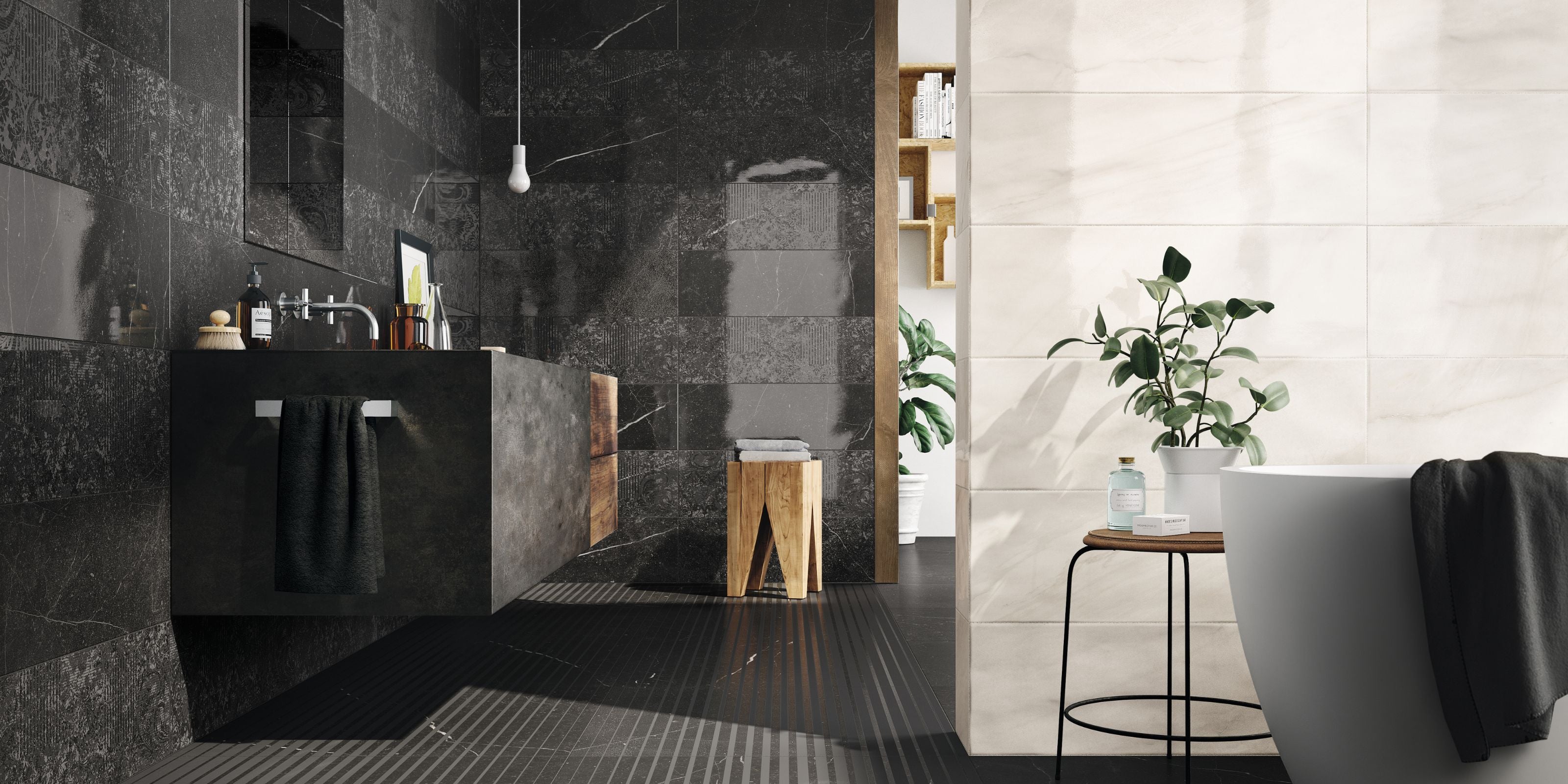 Bathroom with White Marble Effect Bathroom Wall Tiles and Black Marble Effect Bathroom Floor and Wall Tiles