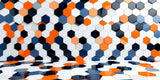 Close-up of White, Orange and Blue Hexagon mosaic tiles