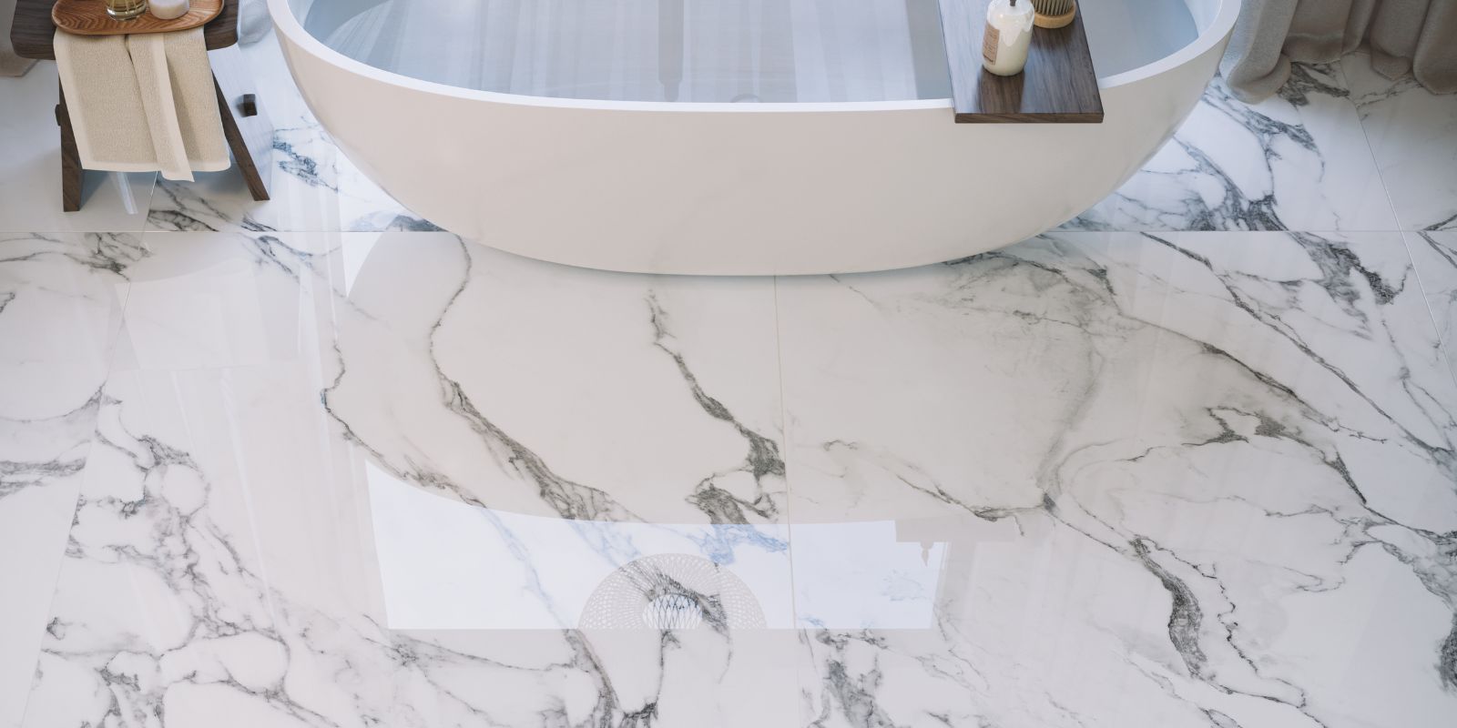 White marble effect bathroom floor tiled
