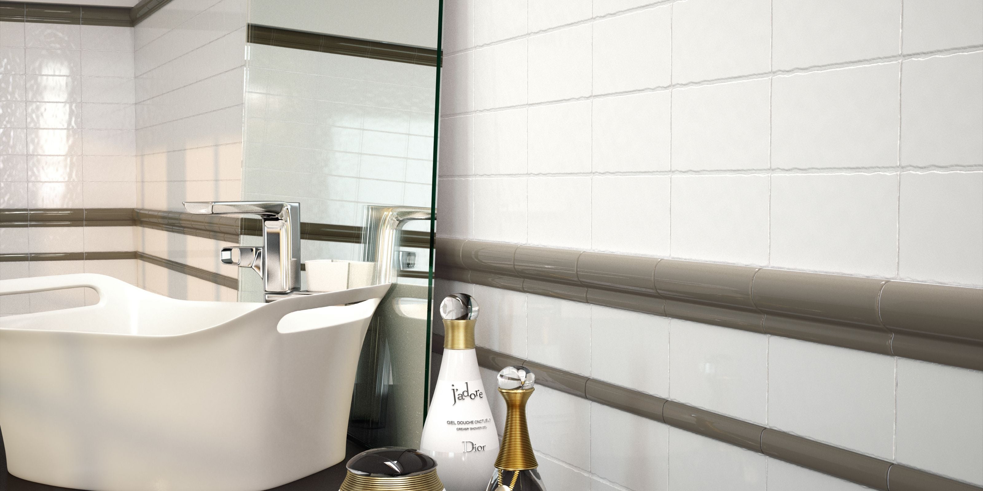 close up of bathroom wall with small solid white brick subway wall tiles