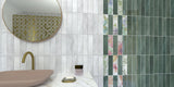 luxury bathroom. veritcally matt white tiles subway wall tiles and vertically tiled green subway wall tiles