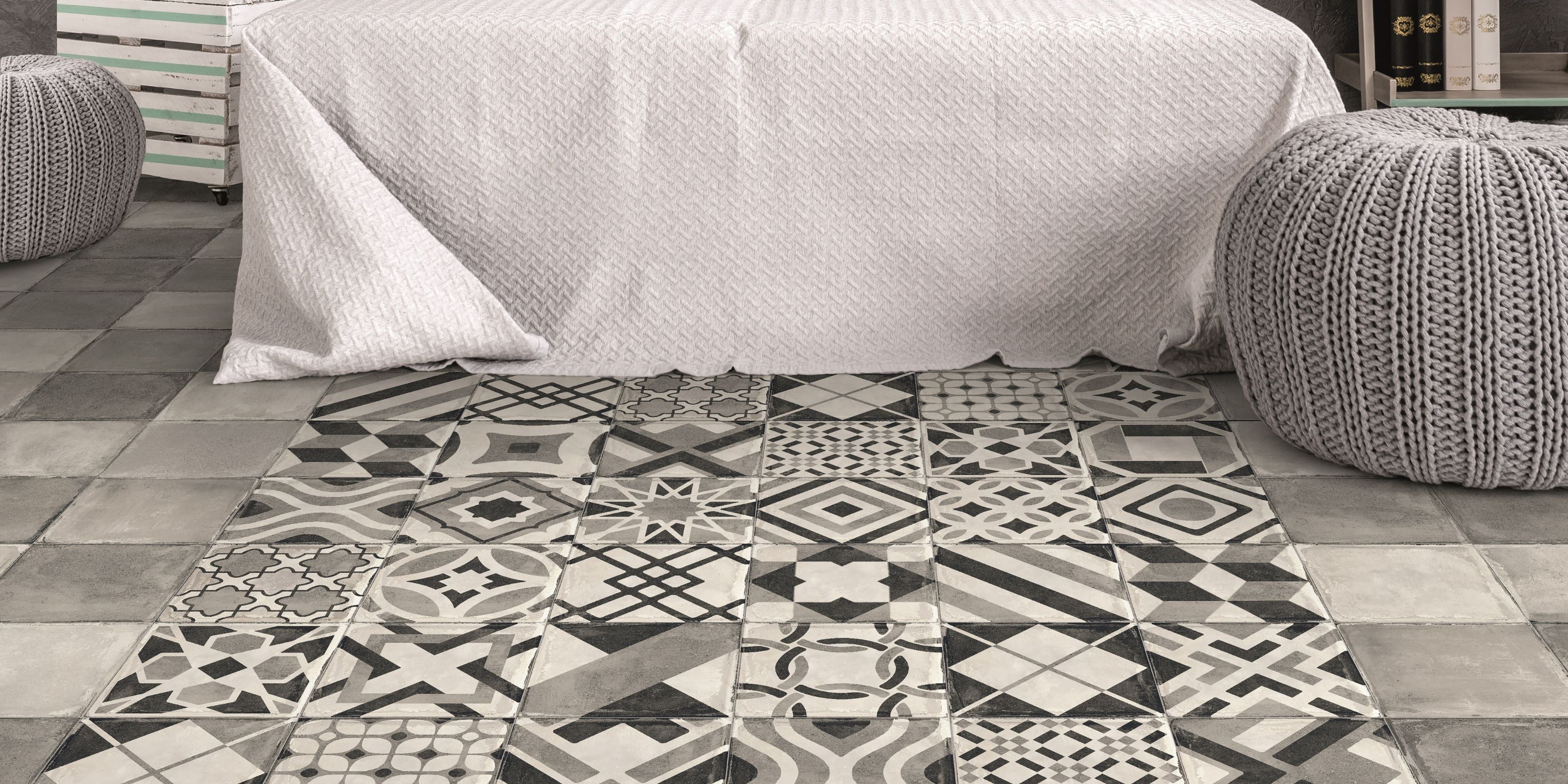 bedroom with grey victorian patterned floor tiles