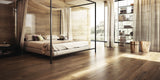 wark and large master bedroom with polished natural wood effect porcelain flooring and wall tiles