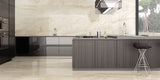 modern, stylish kitchen, beige polished marble effect porcelain floor and wall tiles 