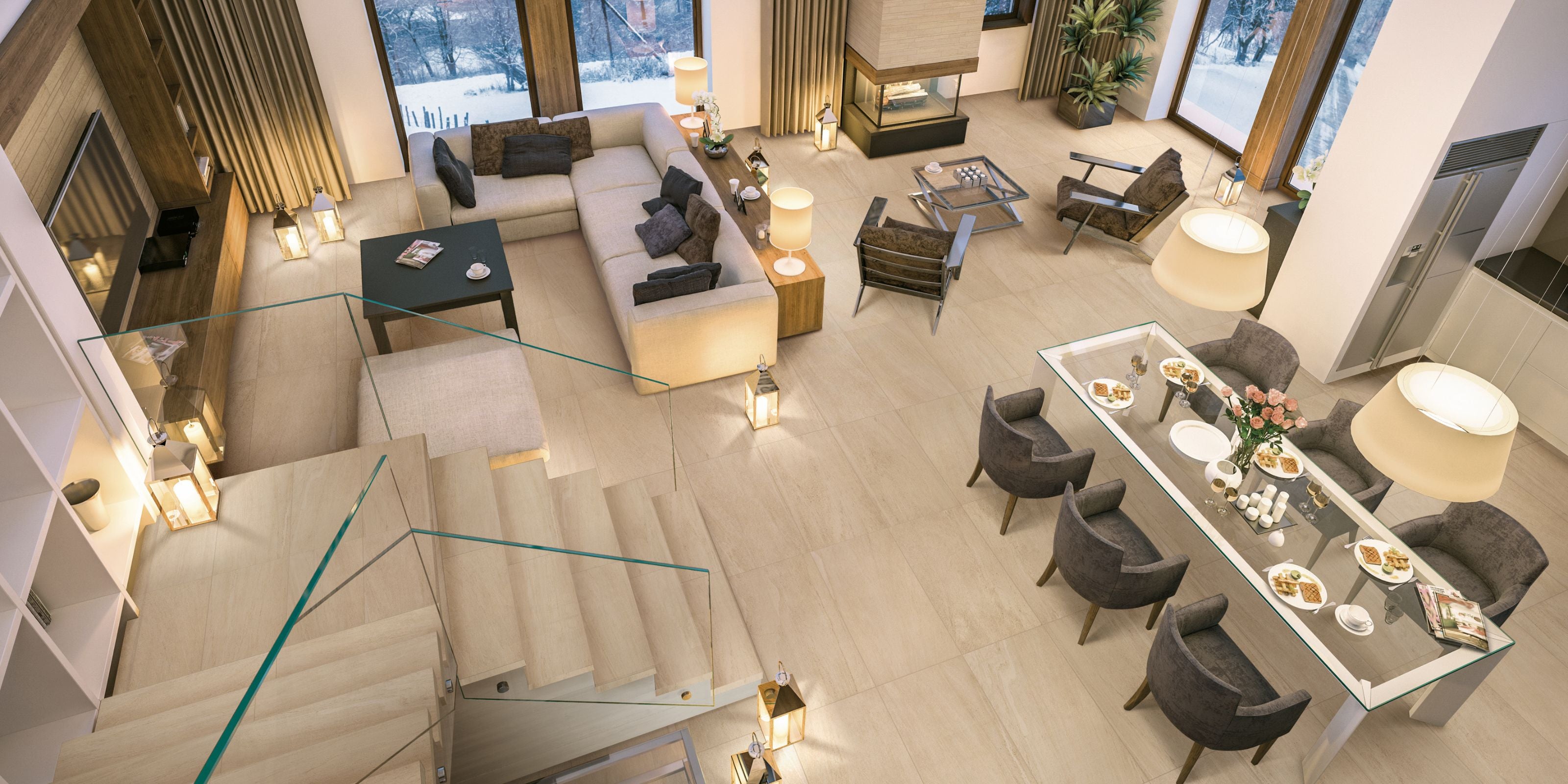 open plan living space with beige stone effect porcelain 60x120cm floor tiles