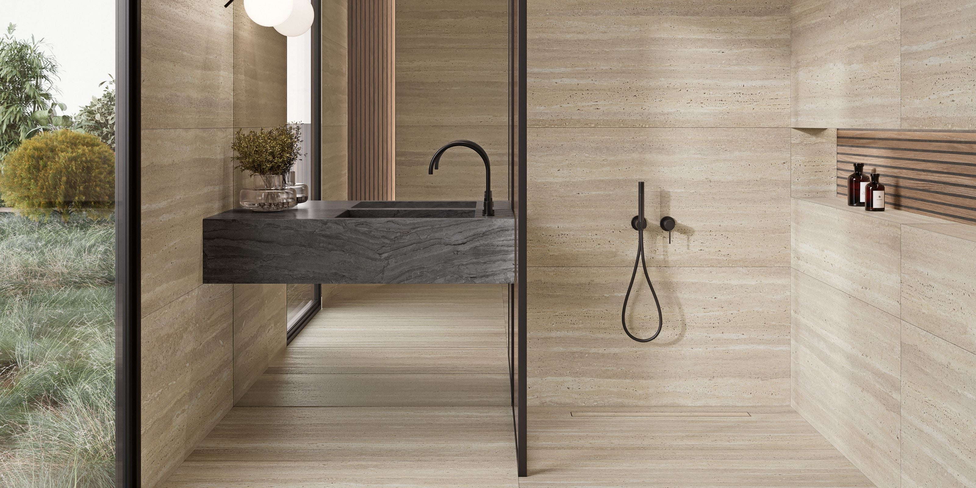 bathroom and shower room,beige travertine effect matt porcelain floor and wall bathroom tiles