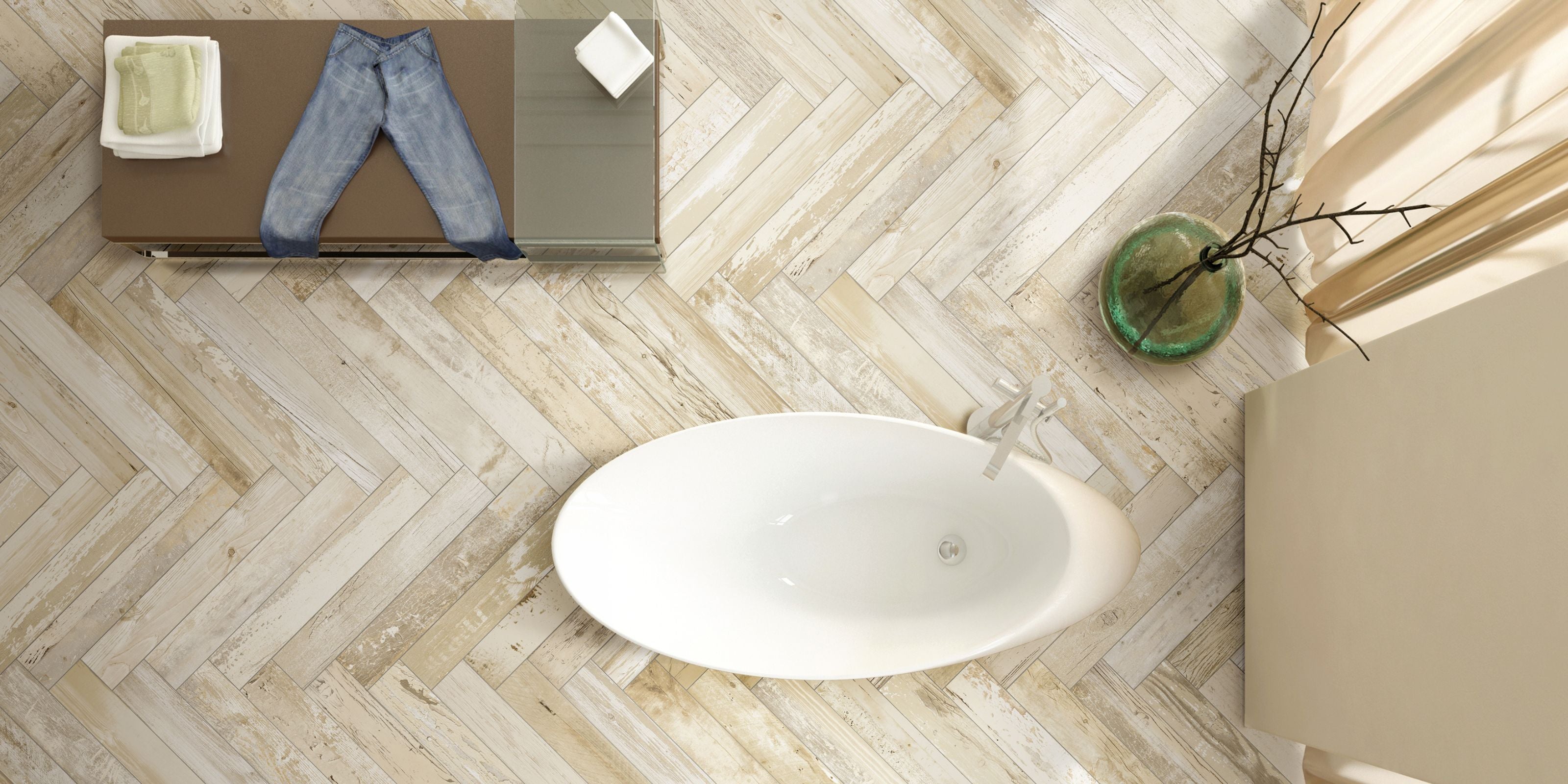 bathroom, herringbone pattern beige wood effect porcelain textured floor tile