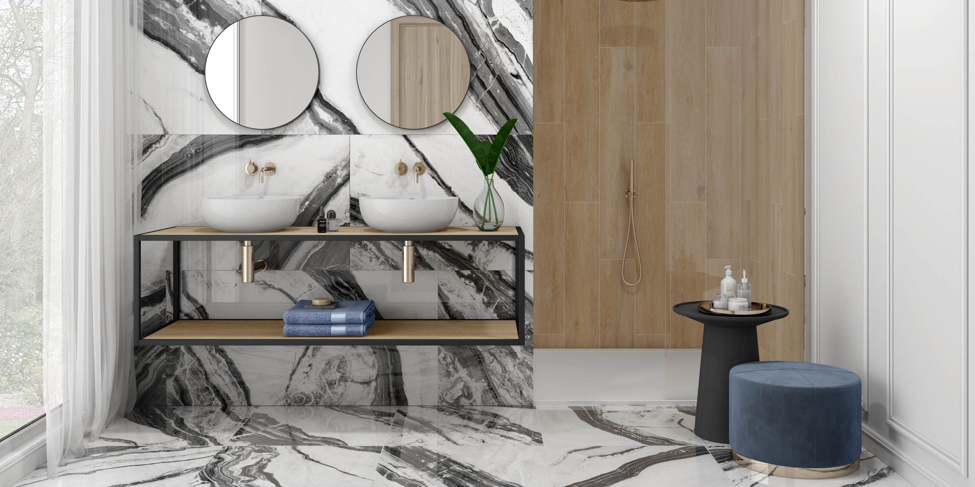 sleek modern bathroom with walk-in shower, striking black and white marble effect polished porcelain floor and wall tiles