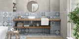 bathroom with blue victioran patterned bathroom wall tiles