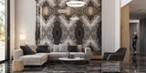elegant living room with bookmatch polished grey marble effect porcelain feature wall tiles