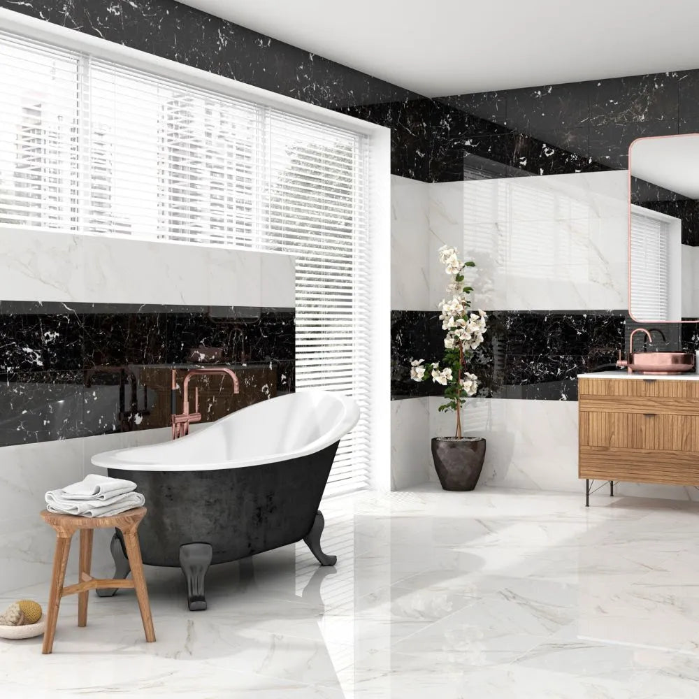Calacata Black Marble Effect Polished Ceramic Tile - Tile Outlet