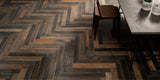 flooring, tiled with dark natural textured wood effect porcelain floor tiles in a herringbone pattern