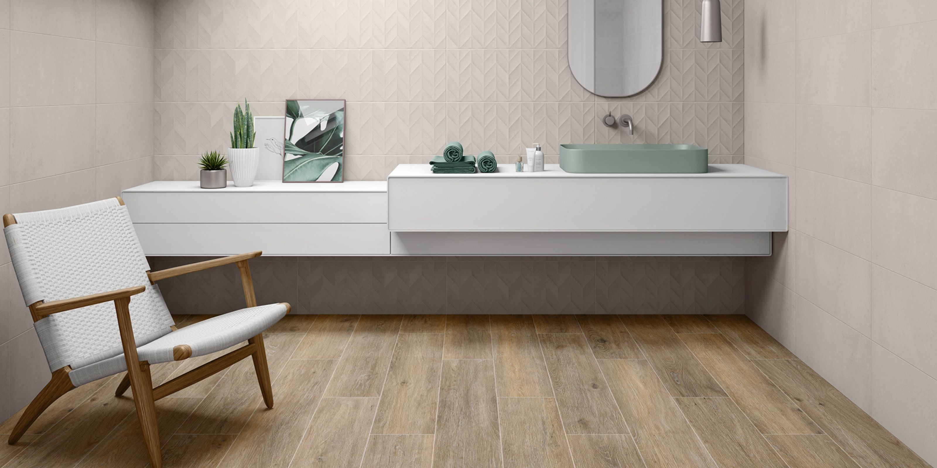 stylish bathroom with dark natural wood effect porcelain bathroom floor tiles