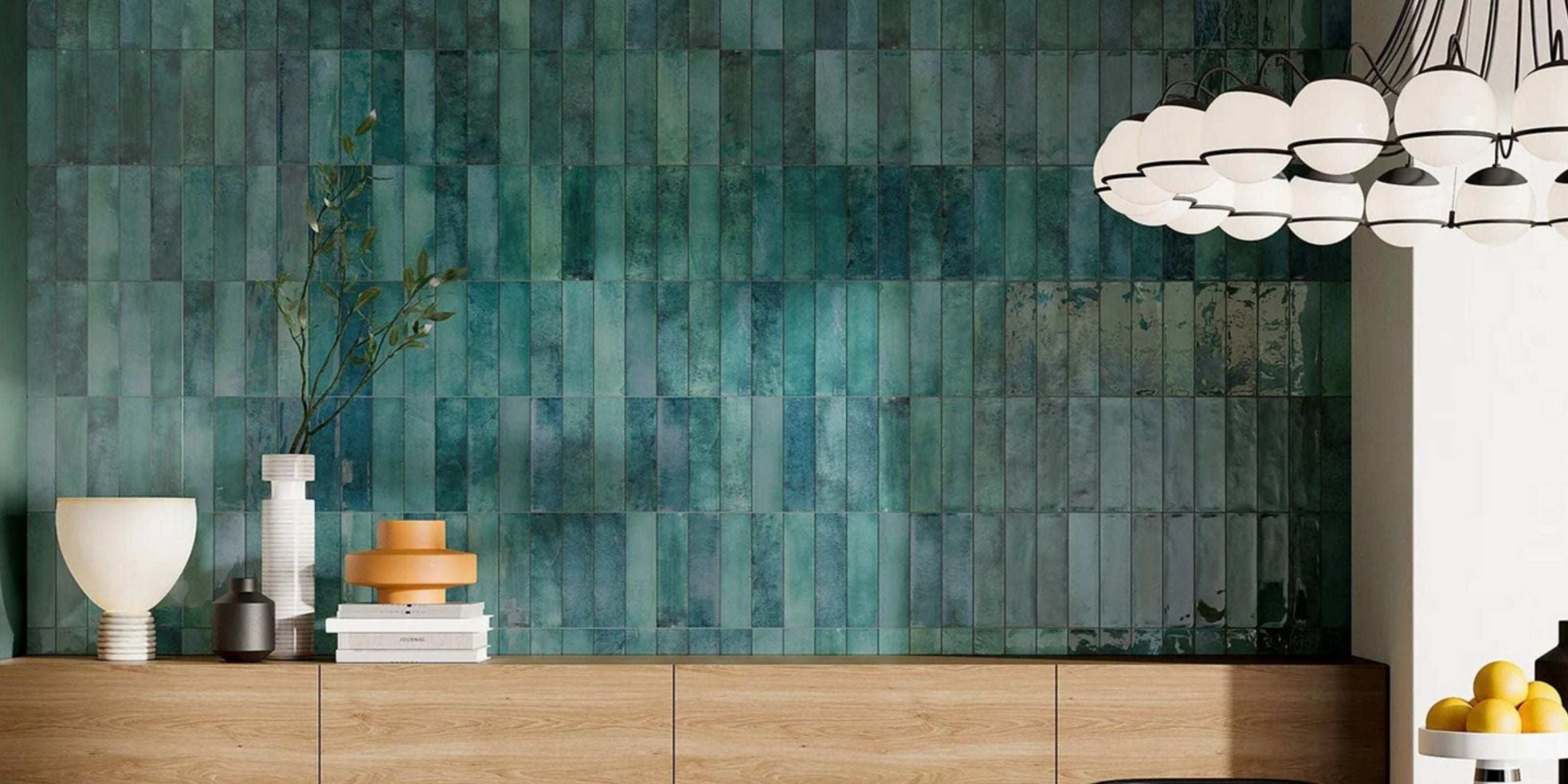 dining room polished deep blue green vertical subway wall tile