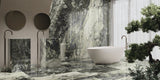 forest green and white marble effect large format polished porcelain bathroom floor and wall tiles